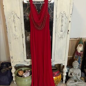 Cachet Red Beaded Cowl Neck Maxi Dress